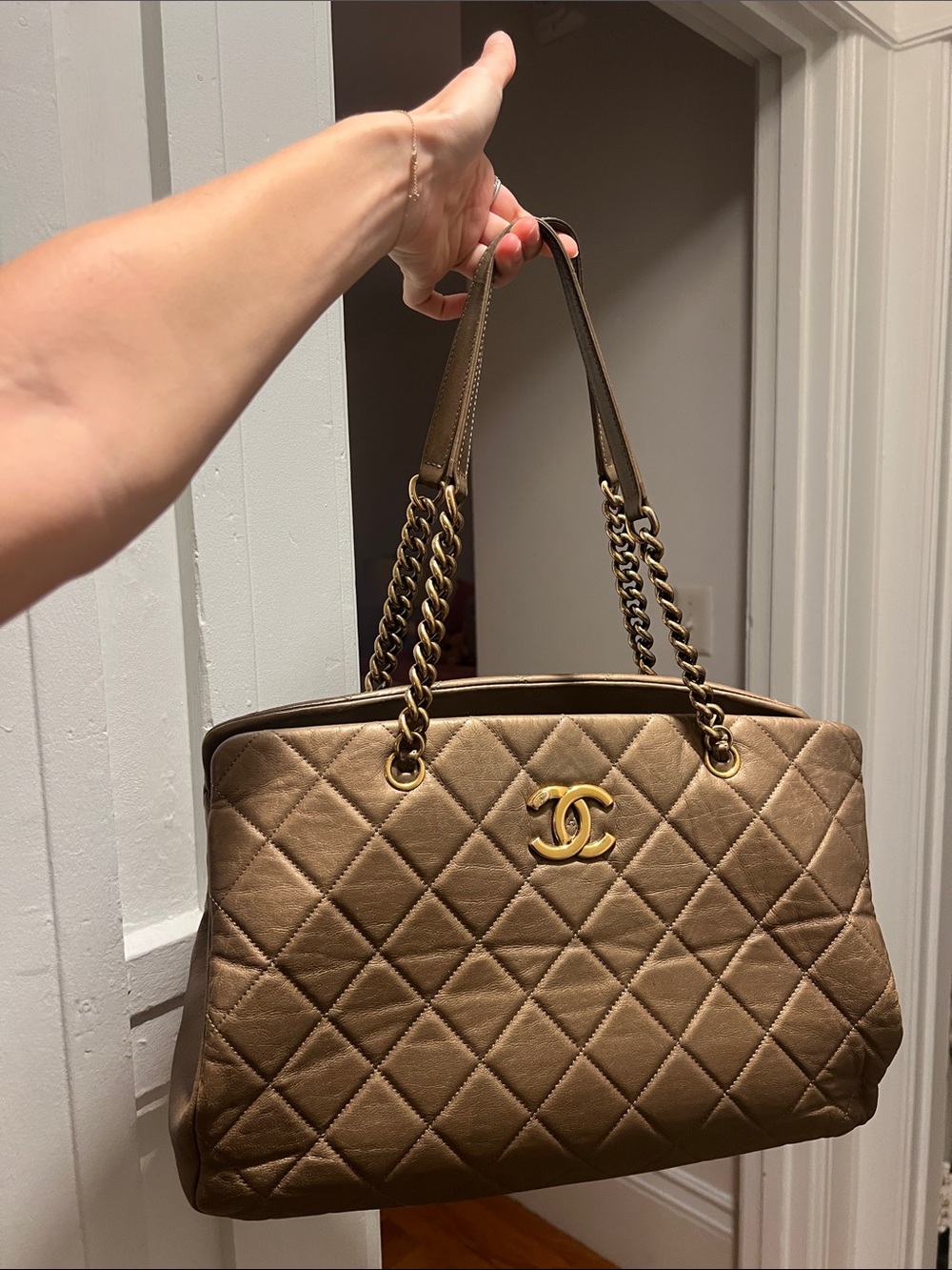 CHANEL Metallic Bronze Quilted Double-Chain Tote
